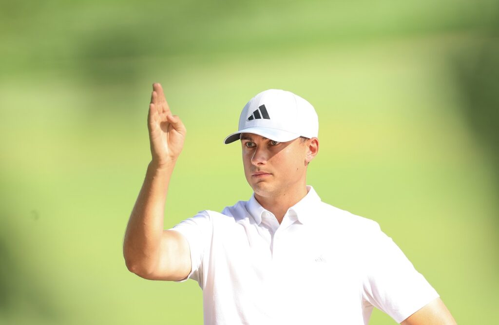 Hero Dubai Desert Classic - Day Three DUBAI, UNITED ARAB EMIRATES - JANUARY 28: Ludvig Aberg of Sweden lines up his second shot on the ninth hole during the completion of the second round on Day Three of the Hero Dubai Desert Classic on the Majlis Course at The Emirates Golf Club on January 28, 2023 in Dubai, United Arab Emirates. (Photo by David Cannon/Getty Images)