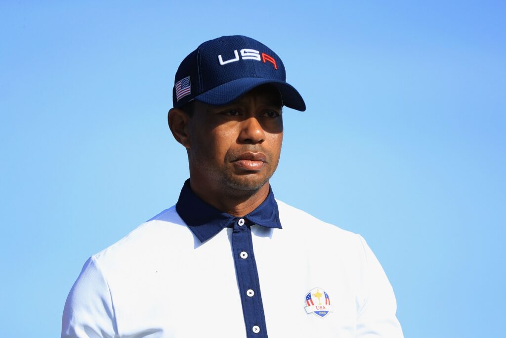 PARIS, FRANCE - SEPTEMBER 29:  Tiger Woods of the United States looks on during the afternoon foursome matches of the 2018 Ryder Cup at Le Golf National on September 29, 2018 in Paris, France.  (Photo by Andrew Redington/Getty Images)