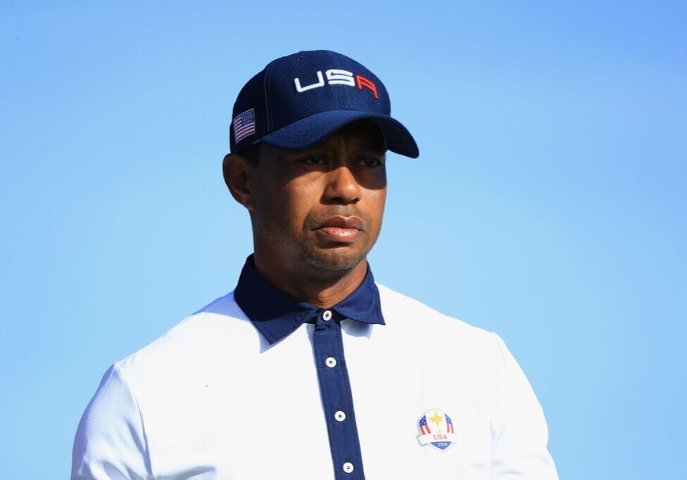 PARIS, FRANCE - SEPTEMBER 29:  Tiger Woods of the United States looks on during the afternoon foursome matches of the 2018 Ryder Cup at Le Golf National on September 29, 2018 in Paris, France.  (Photo by Andrew Redington/Getty Images)